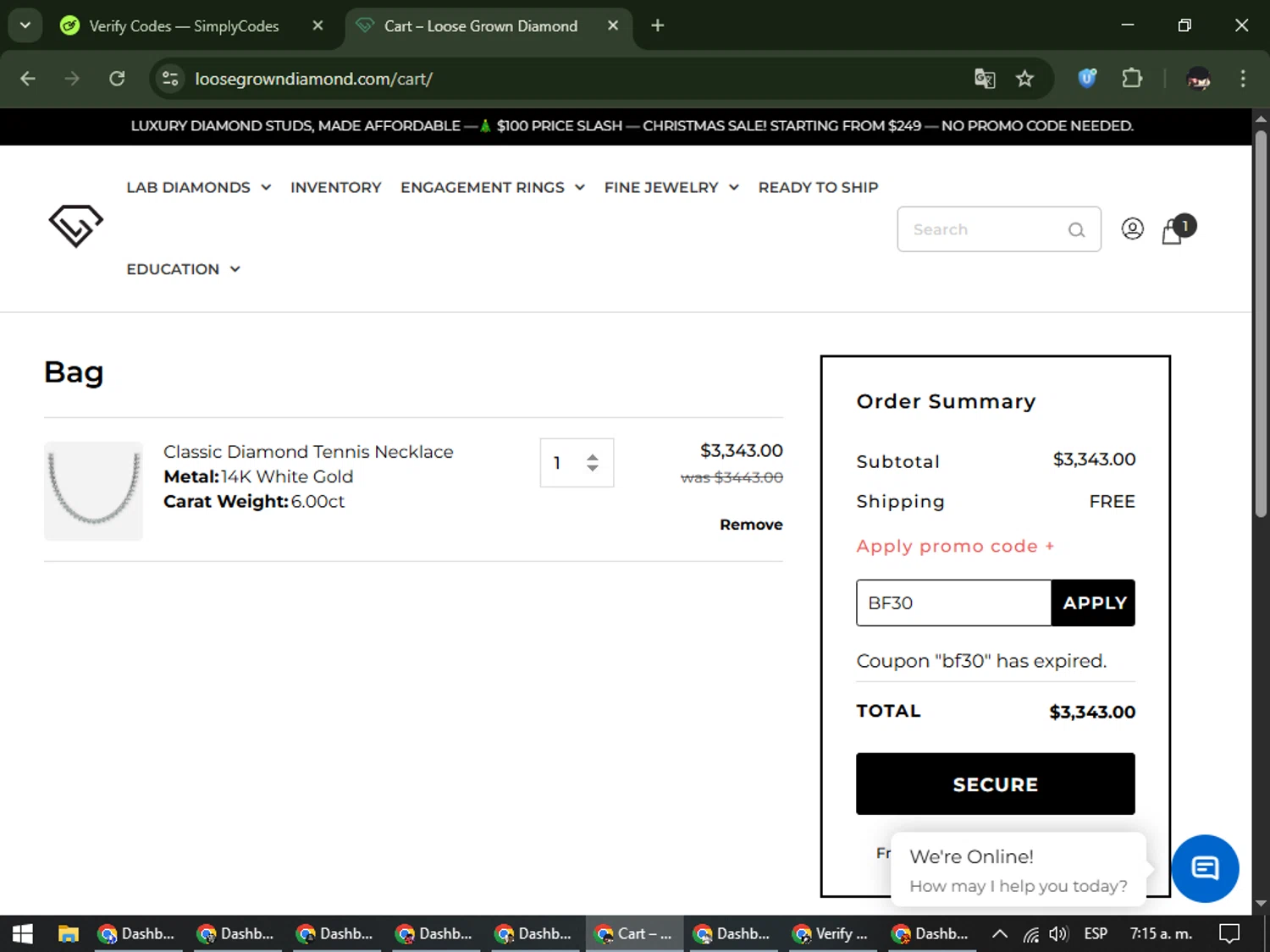 Loose Grown Diamond promo code screenshot showing code BF30 applied at Loose Grown Diamond checkout page. Uploaded by SimplyCodes community member WonderCurator791 on Dec 4, 2025