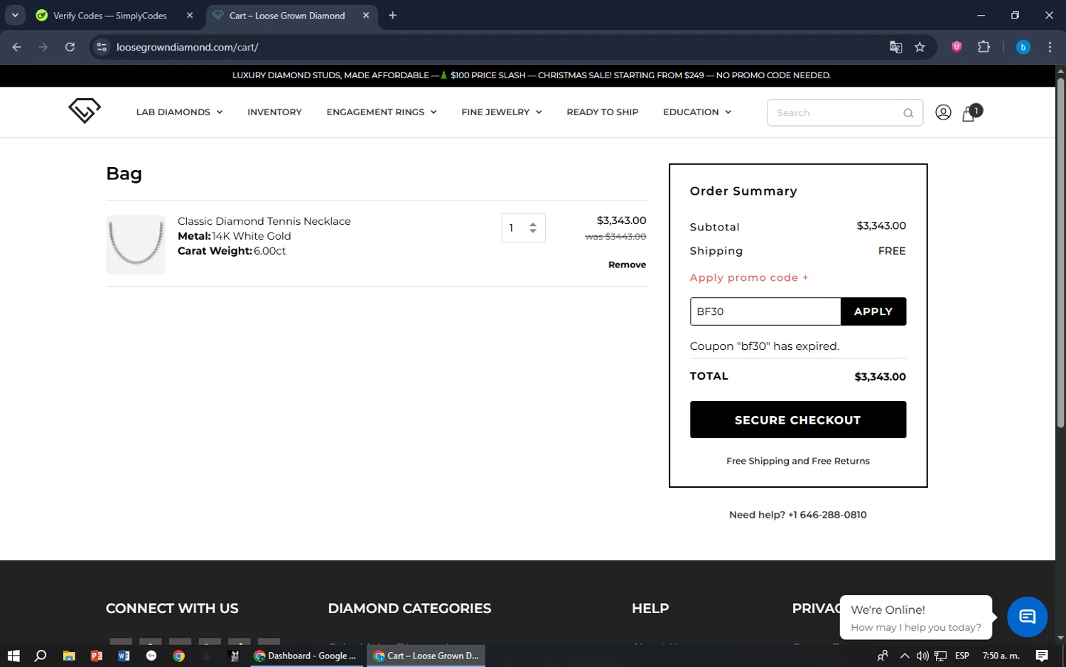 Loose Grown Diamond promo code screenshot showing code BF30 applied at Loose Grown Diamond checkout page. Uploaded by SimplyCodes community member bilijr on Dec 4, 2025
