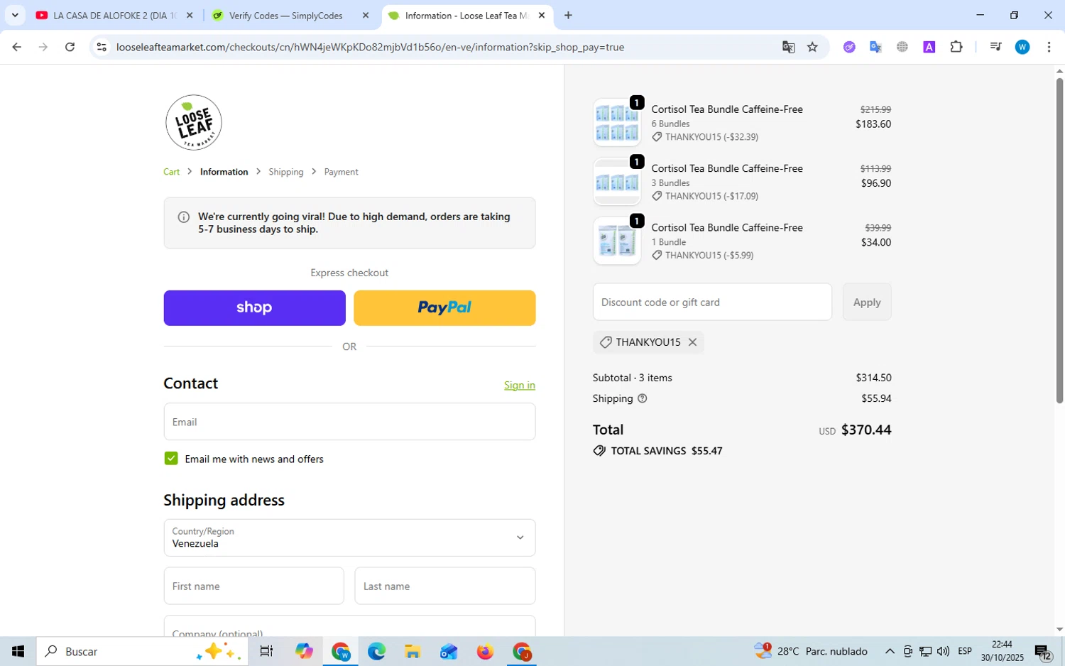 Loose Leaf Tea Market promo code screenshot showing code THANKYOU15 applied at Loose Leaf Tea Market checkout page. Uploaded by SimplyCodes community member kuromii on Oct 31, 2025