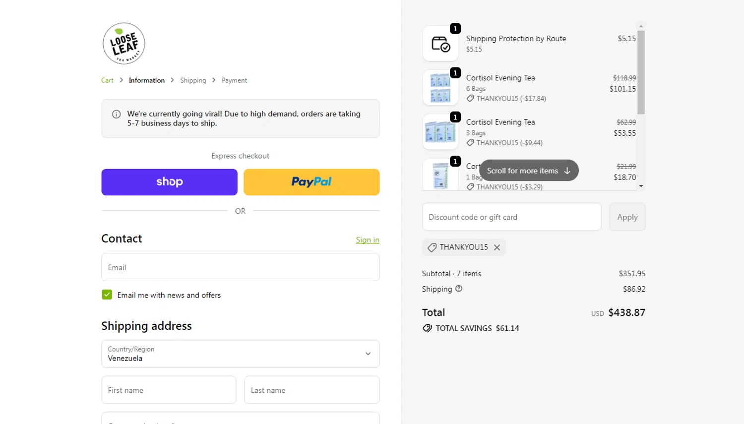 Loose Leaf Tea Market promo code screenshot showing code THANKYOU15 applied at Loose Leaf Tea Market checkout page. Uploaded by SimplyCodes community member oliveririarte on Oct 21, 2025
