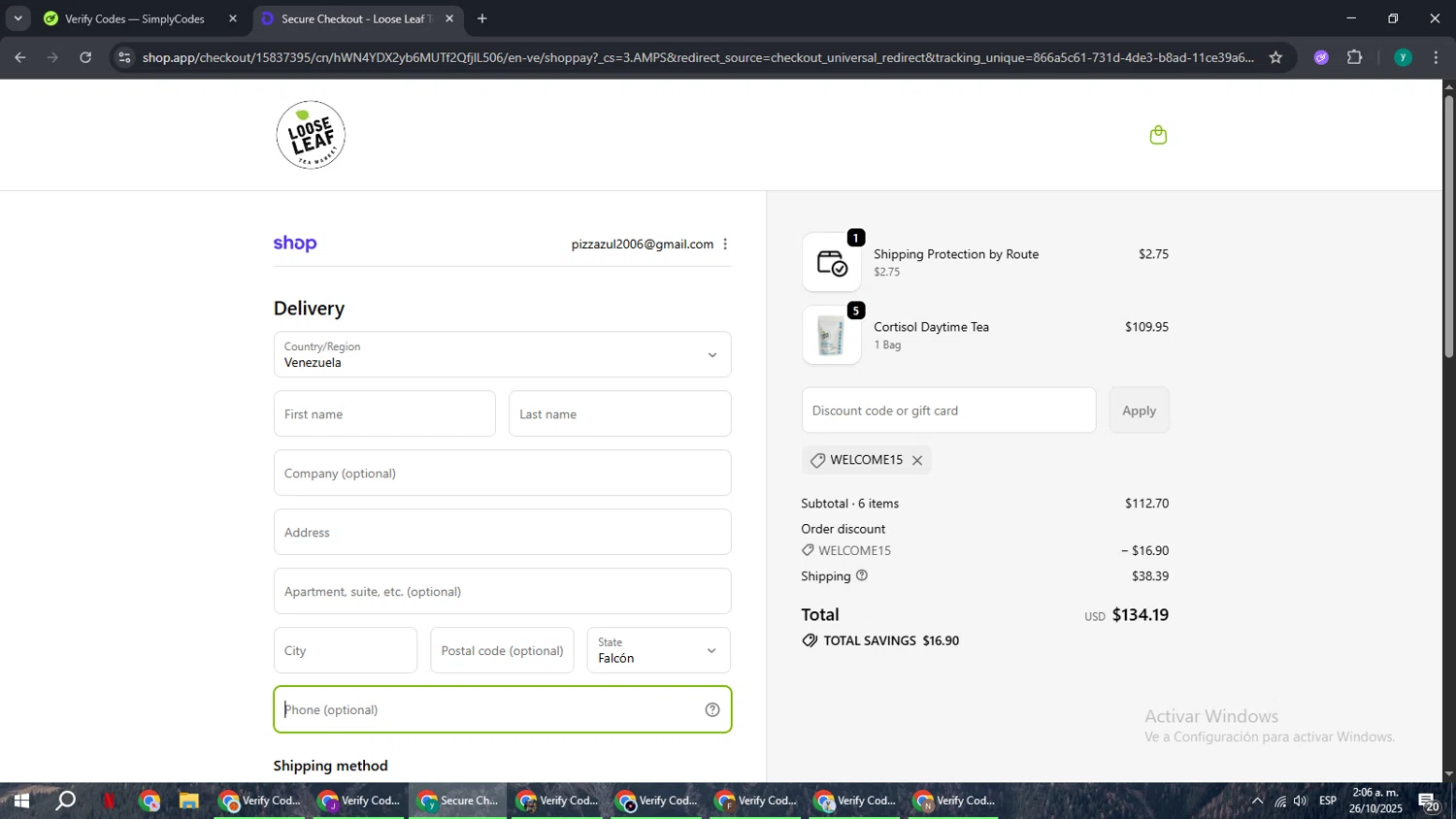 Loose Leaf Tea Market promo code screenshot showing code WELCOME15 applied at Loose Leaf Tea Market checkout page. Uploaded by SimplyCodes community member FrugalCaptain6906 on Oct 26, 2025