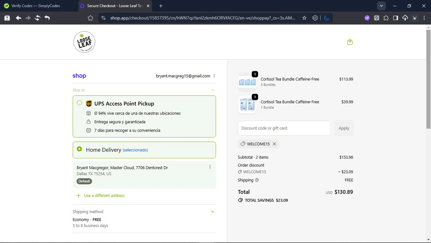 Loose Leaf Tea Market promo code screenshot showing code WELCOME15 applied at Loose Leaf Tea Market checkout page. Uploaded by SimplyCodes community member LegendaryCollector6259 on Jan 21, 2026