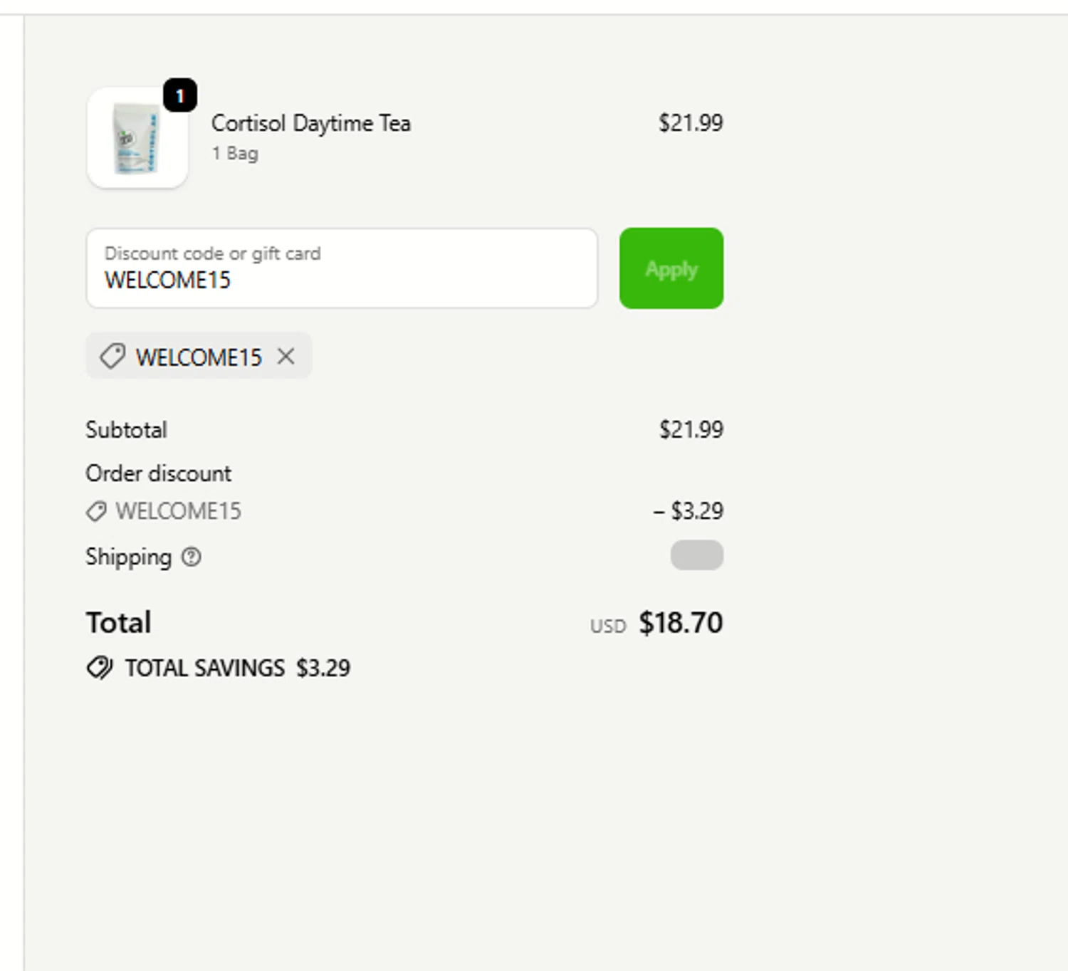 Loose Leaf Tea Market promo code screenshot showing code WELCOME15 applied at Loose Leaf Tea Market checkout page. Uploaded by SimplyCodes community member a2d2c2d211 on Nov 28, 2025