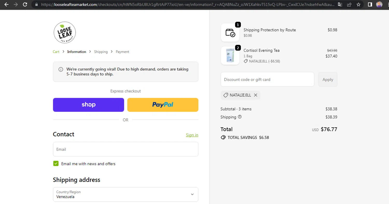 Loose Leaf Tea Market promo code screenshot showing code NATALIEJILL applied at Loose Leaf Tea Market checkout page. Uploaded by SimplyCodes community member HUNTER1406 on Nov 28, 2025