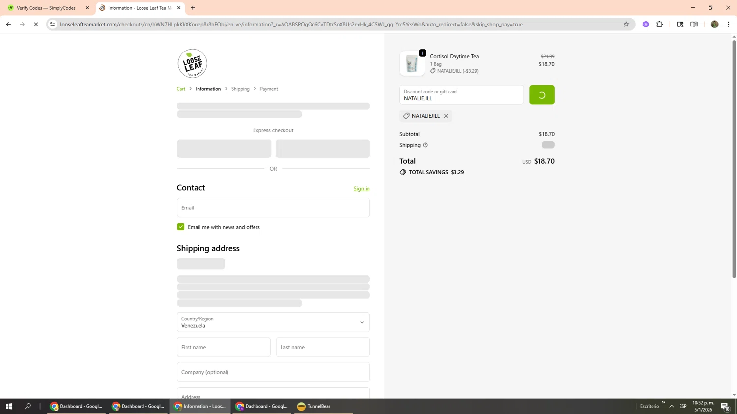 Loose Leaf Tea Market promo code screenshot showing code NATALIEJILL applied at Loose Leaf Tea Market checkout page. Uploaded by SimplyCodes community member Phoenix585 on Jan 6, 2026