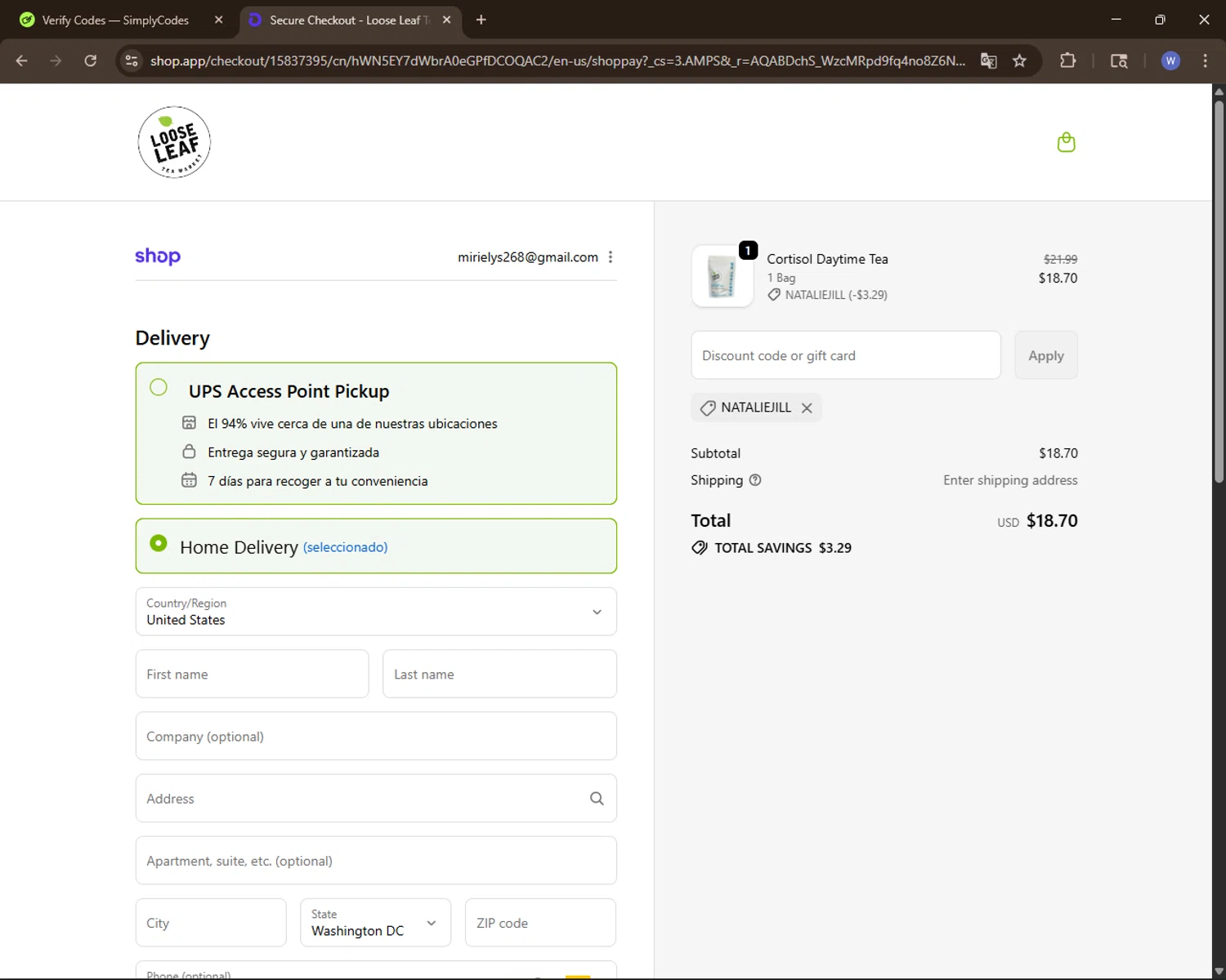 Loose Leaf Tea Market promo code screenshot showing code NATALIEJILL applied at Loose Leaf Tea Market checkout page. Uploaded by SimplyCodes community member VoucherElite7352 on Nov 13, 2025