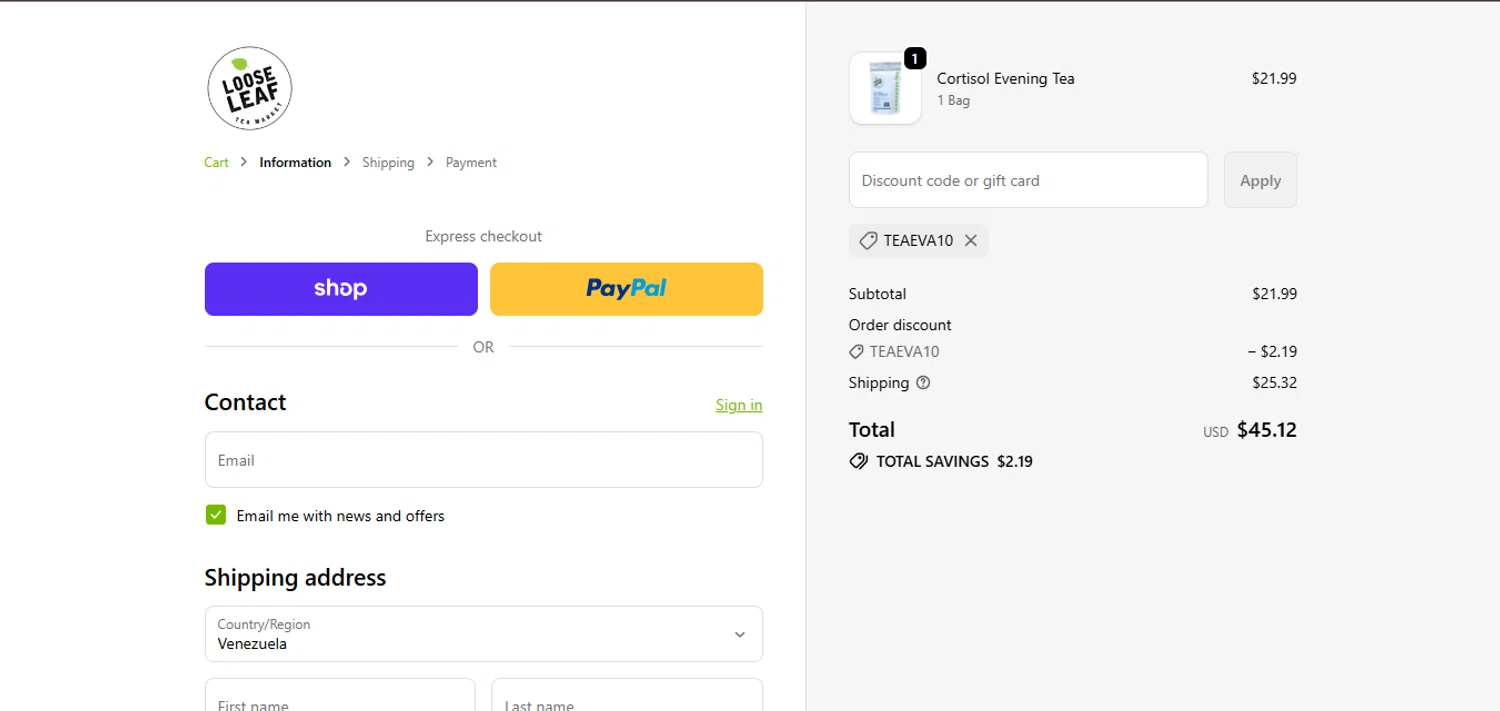 Loose Leaf Tea Market promo code screenshot showing code TEAEVA10 applied at Loose Leaf Tea Market checkout page. Uploaded by SimplyCodes community member juanisaac on Feb 5, 2026