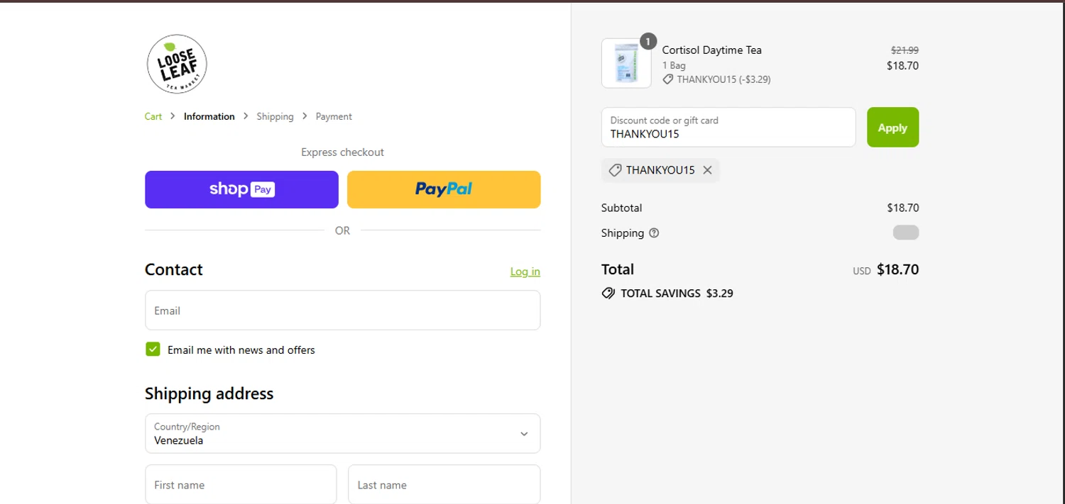 Loose Leaf Tea Market promo code screenshot showing code THANKYOU15 applied at Loose Leaf Tea Market checkout page. Uploaded by SimplyCodes community member juanisaac on Jul 22, 2025