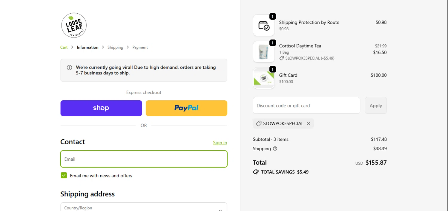 Loose Leaf Tea Market promo code screenshot showing code SLOWPOKESPECIAL applied at Loose Leaf Tea Market checkout page. Uploaded by SimplyCodes community member juanisaac on Dec 24, 2025