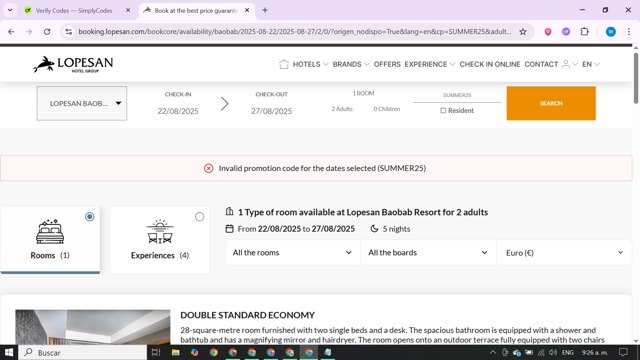 Lopesan Hotels checkout page showing Lopesan Hotels promo code box | Screenshot taken by SimplyCodes community member on Aug 8, 2025