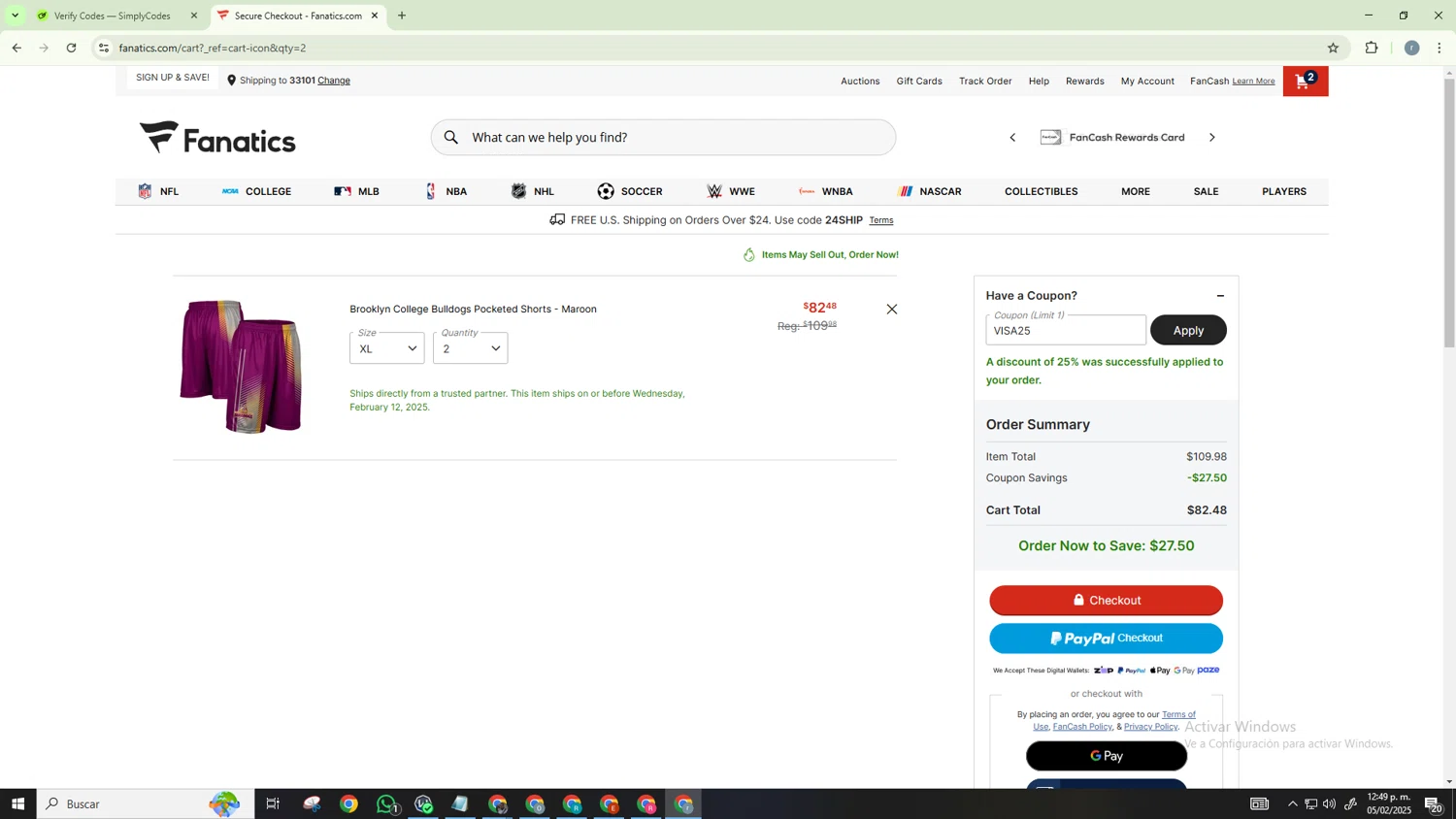 Lope Shops promo code screenshot showing code VISA25 applied at Lope Shops checkout page. Uploaded by SimplyCodes community member CashScholar6568 on Feb 5, 2025