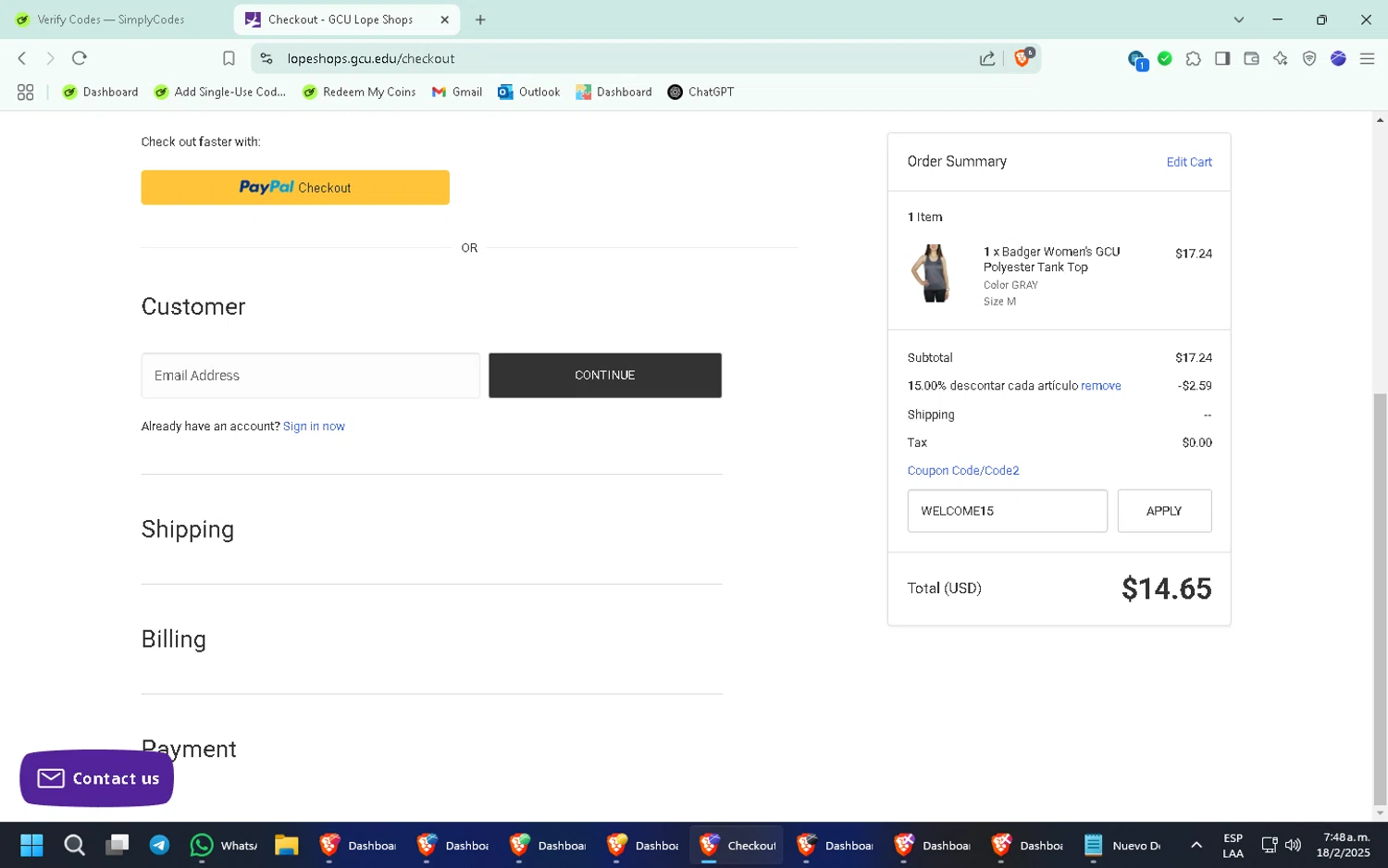 Lope Shops promo code screenshot showing code WELCOME15 applied at Lope Shops checkout page. Uploaded by SimplyCodes community member WiseMaven8994 on Feb 18, 2025