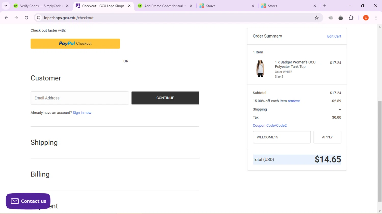 Lope Shops promo code screenshot showing code WELCOME15 applied at Lope Shops checkout page. Uploaded by SimplyCodes community member CleverFox763 on Feb 18, 2025