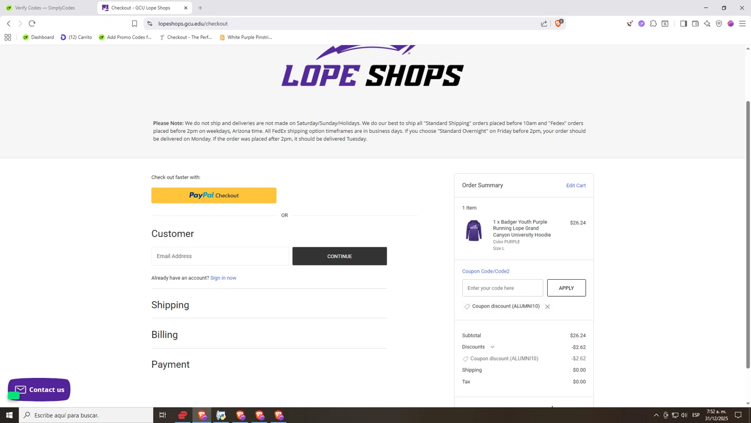 Lope Shops checkout page showing Lope Shops promo code box | Screenshot taken by SimplyCodes community member on Dec 31, 2025