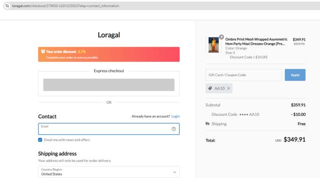 LORAGAL checkout page showing LORAGAL coupon code box | Screenshot taken by SimplyCodes community member on Sep 14, 2025