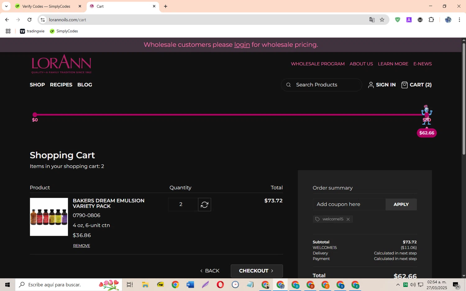 LorAnn Oils coupon code screenshot showing code welcome15 applied at LorAnn Oils checkout page. Uploaded by SimplyCodes community member JoseH45 on Mar 27, 2025