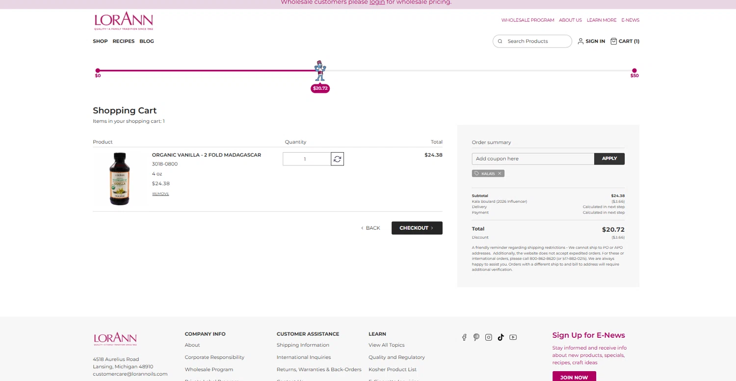 LorAnn Oils coupon code screenshot showing code KALA15 applied at LorAnn Oils checkout page. Uploaded by SimplyCodes community member reggiesmith on Feb 3, 2026