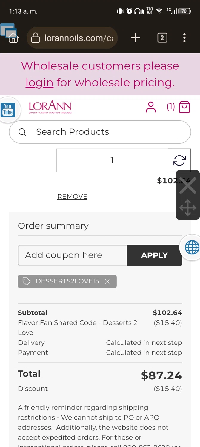 LorAnn Oils coupon code screenshot showing code DESSERTS2LOVE15 applied at LorAnn Oils checkout page. Uploaded by SimplyCodes community member Usuario_simply on Apr 8, 2025