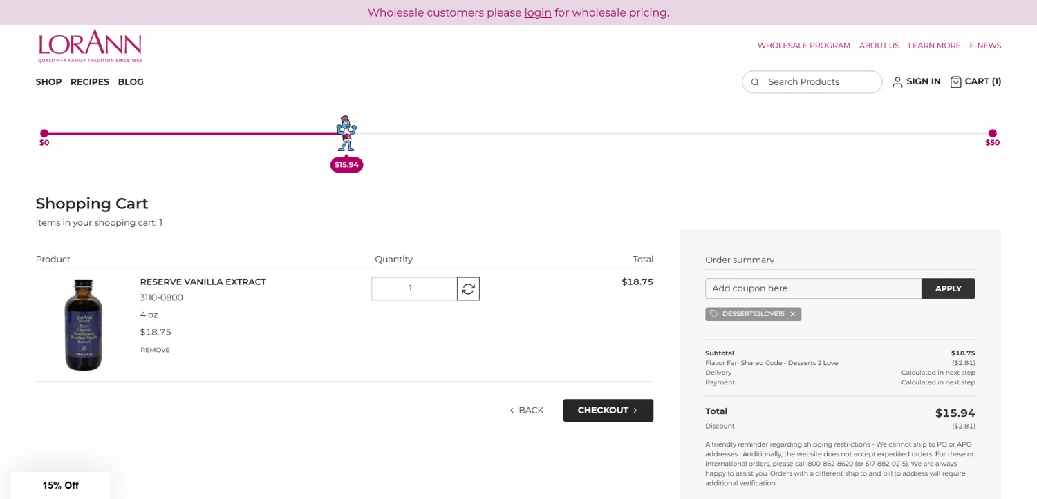 LorAnn Oils coupon code screenshot showing code DESSERTS2LOVE15 applied at LorAnn Oils checkout page. Uploaded by SimplyCodes community member Dorothy on Oct 27, 2025