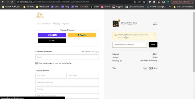 L'OR Coffee checkout page showing L'OR Coffee promo code box | Screenshot taken by SimplyCodes community member on Nov 16, 2023