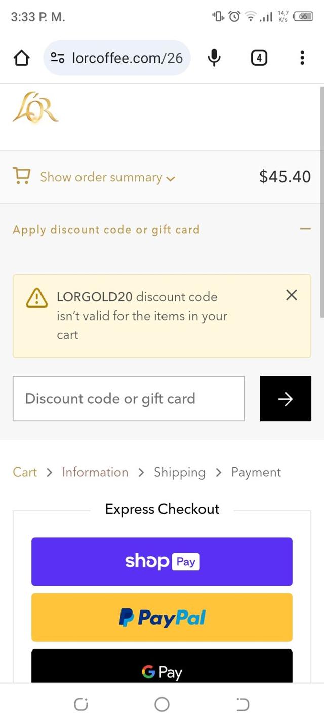 L'OR Coffee checkout page showing L'OR Coffee promo code box | Screenshot taken by SimplyCodes community member on Nov 27, 2023