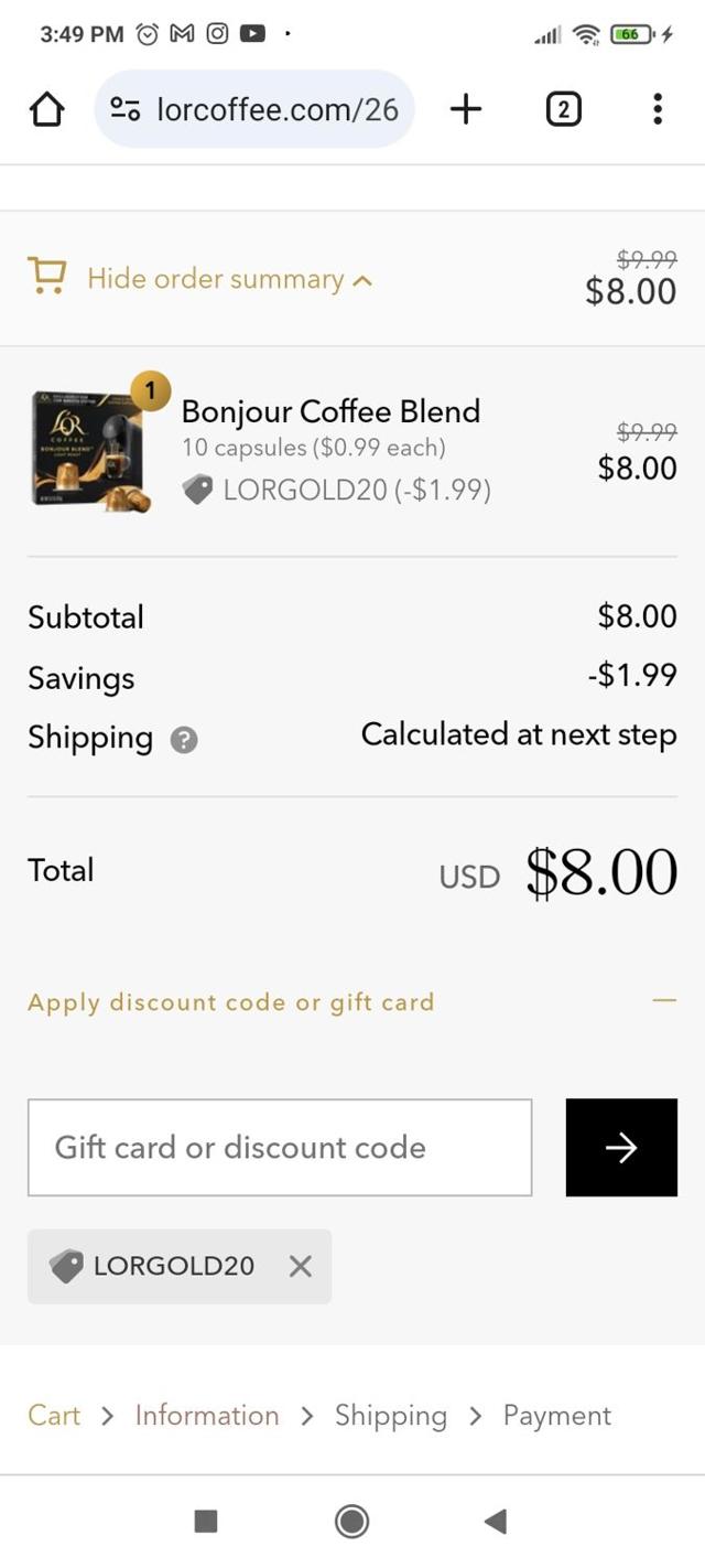 L'OR Coffee checkout page showing L'OR Coffee promo code box | Screenshot taken by SimplyCodes community member on Oct 28, 2023