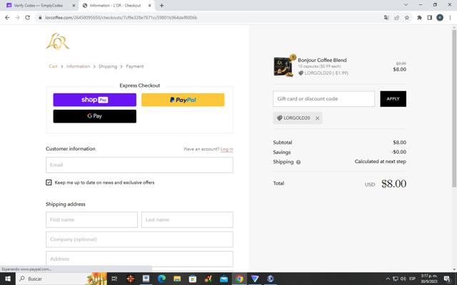 L'OR Coffee checkout page showing L'OR Coffee promo code box | Screenshot taken by SimplyCodes community member on Sep 30, 2023