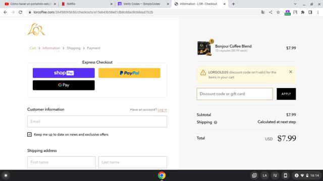 L'OR Coffee checkout page showing L'OR Coffee promo code box | Screenshot taken by SimplyCodes community member on Nov 25, 2023