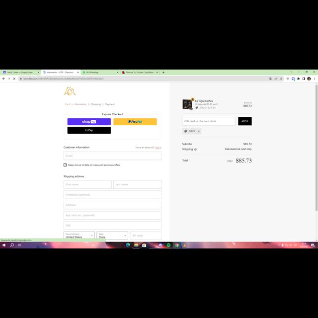 L'OR Coffee checkout page showing L'OR Coffee promo code box | Screenshot taken by SimplyCodes community member on Sep 7, 2023