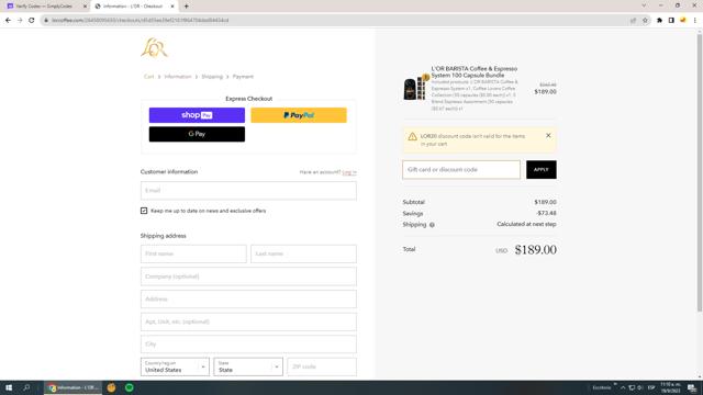 L'OR Coffee checkout page showing L'OR Coffee promo code box | Screenshot taken by SimplyCodes community member on Sep 19, 2023