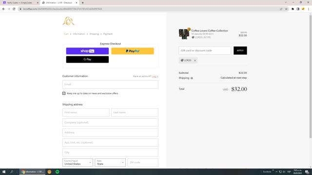 L'OR Coffee checkout page showing L'OR Coffee promo code box | Screenshot taken by SimplyCodes community member on Aug 28, 2023