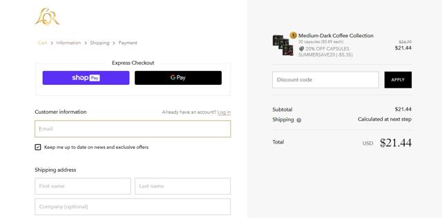 L'OR Coffee checkout page showing L'OR Coffee promo code box | Screenshot taken by SimplyCodes community member on Jul 30, 2023