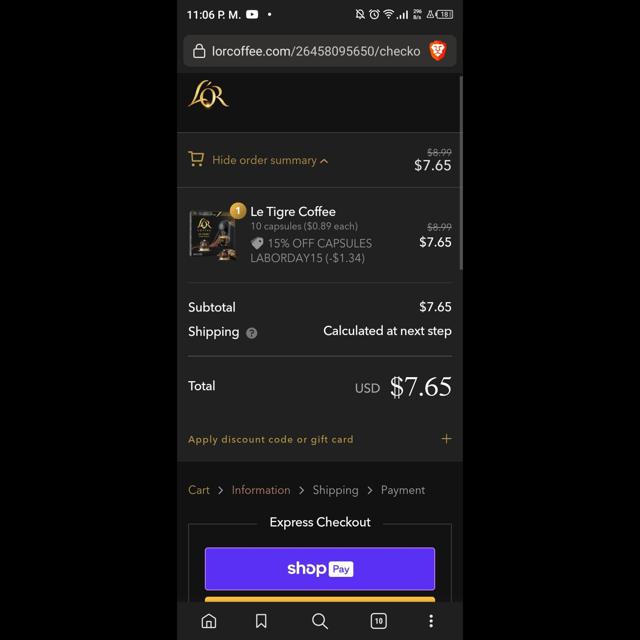 L'OR Coffee checkout page showing L'OR Coffee promo code box | Screenshot taken by SimplyCodes community member on Sep 7, 2023