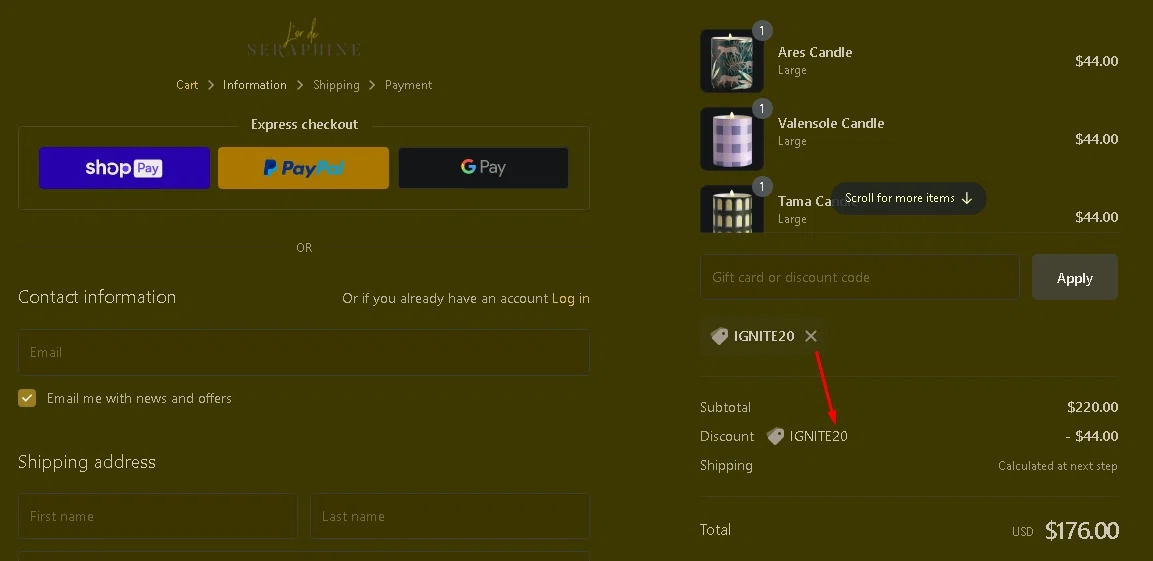 L'or de Seraphine checkout page showing L'or de Seraphine promo code box | Screenshot taken by SimplyCodes community member on Jan 30, 2022