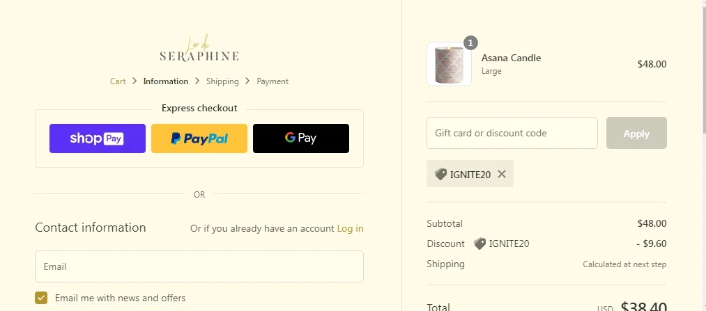 L'or de Seraphine checkout page showing L'or de Seraphine promo code box | Screenshot taken by SimplyCodes community member on Mar 9, 2022