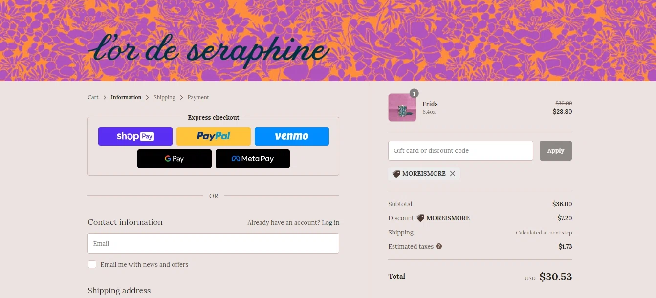 L'or de Seraphine checkout page showing L'or de Seraphine promo code box | Screenshot taken by SimplyCodes community member on Oct 30, 2022