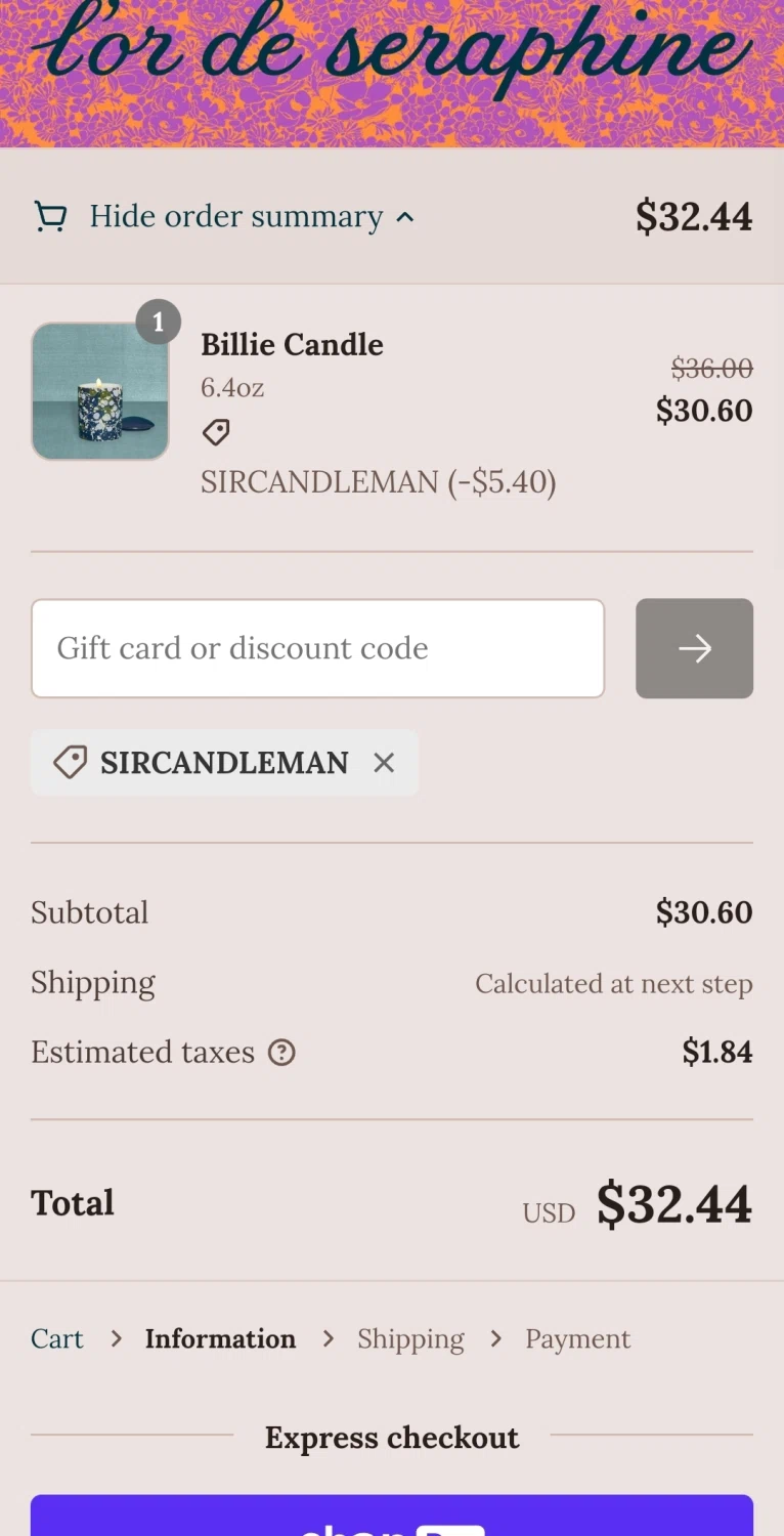 L'or de Seraphine checkout page showing L'or de Seraphine promo code box | Screenshot taken by SimplyCodes community member on Mar 29, 2023
