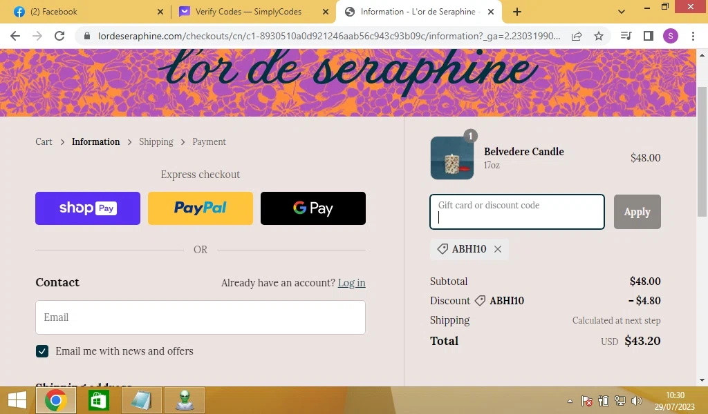 L'or de Seraphine checkout page showing L'or de Seraphine promo code box | Screenshot taken by SimplyCodes community member on Jul 29, 2023
