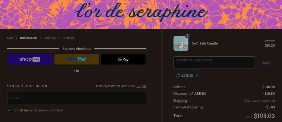 L'or de Seraphine checkout page showing L'or de Seraphine promo code box | Screenshot taken by SimplyCodes community member on Apr 8, 2023