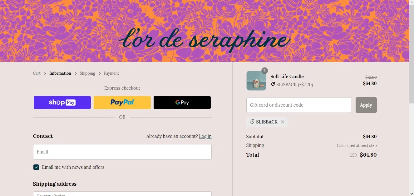 L'or de Seraphine checkout page showing L'or de Seraphine promo code box | Screenshot taken by SimplyCodes community member on Apr 24, 2023