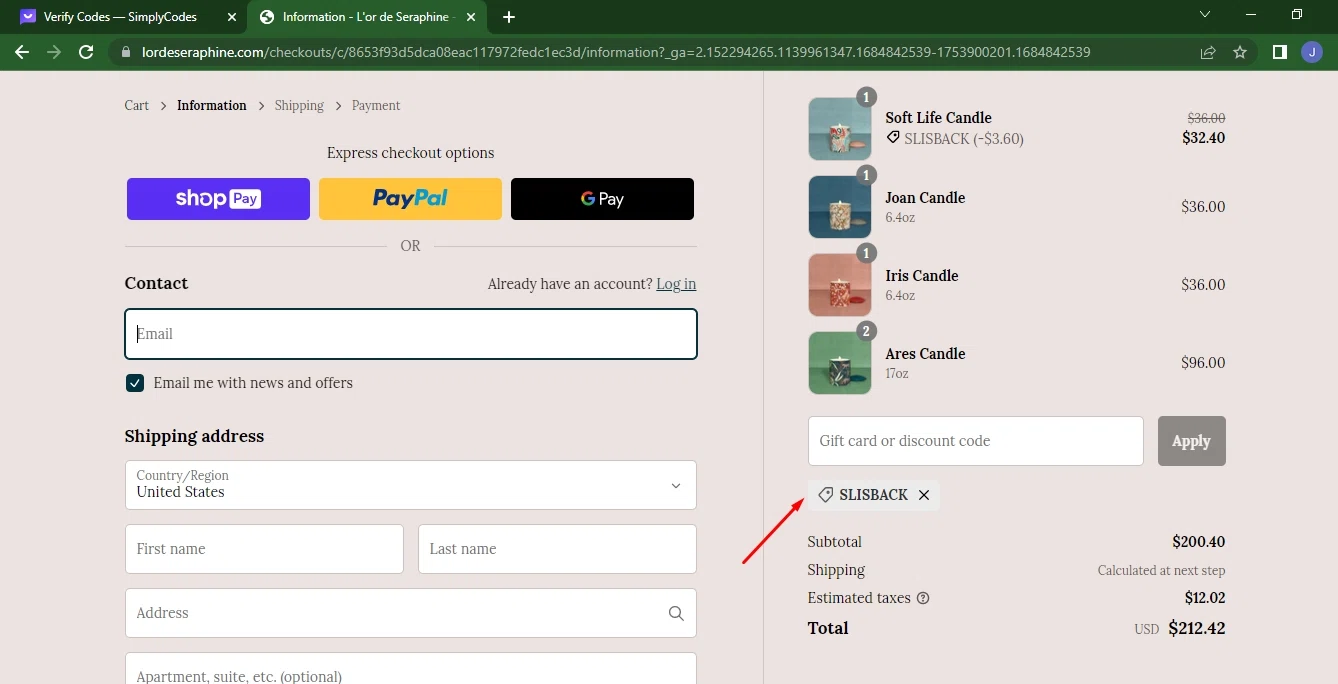 L'or de Seraphine checkout page showing L'or de Seraphine promo code box | Screenshot taken by SimplyCodes community member on May 23, 2023