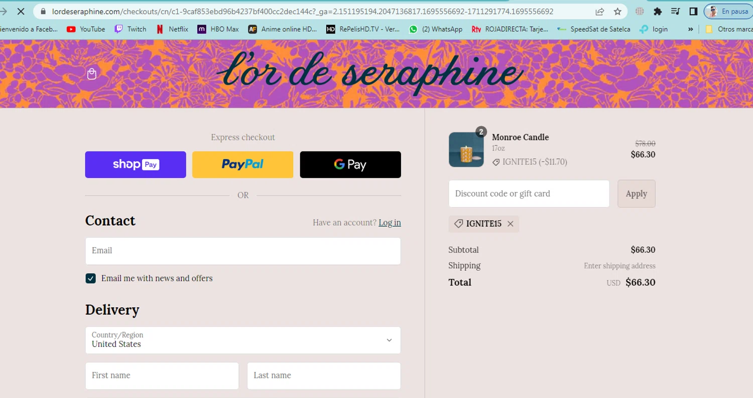 L'or de Seraphine checkout page showing L'or de Seraphine promo code box | Screenshot taken by SimplyCodes community member on Sep 24, 2023