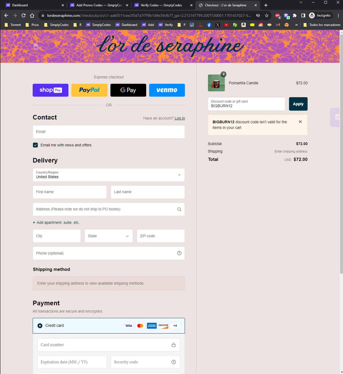 L'or de Seraphine checkout page showing L'or de Seraphine promo code box | Screenshot taken by SimplyCodes community member on Dec 1, 2023