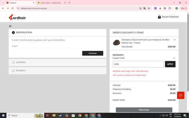 Lordhair checkout page showing Lordhair coupon code box | Screenshot taken by SimplyCodes community member on Aug 17, 2025