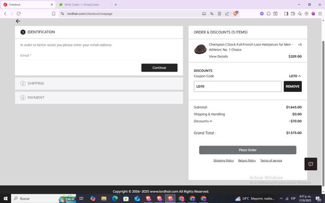 Lordhair checkout page showing Lordhair coupon code box | Screenshot taken by SimplyCodes community member on Aug 27, 2025