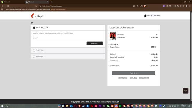 Lordhair checkout page showing Lordhair coupon code box | Screenshot taken by SimplyCodes community member on Sep 9, 2025