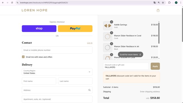 Loren Hope checkout page showing Loren Hope discount code box | Screenshot taken by SimplyCodes community member on Aug 31, 2025