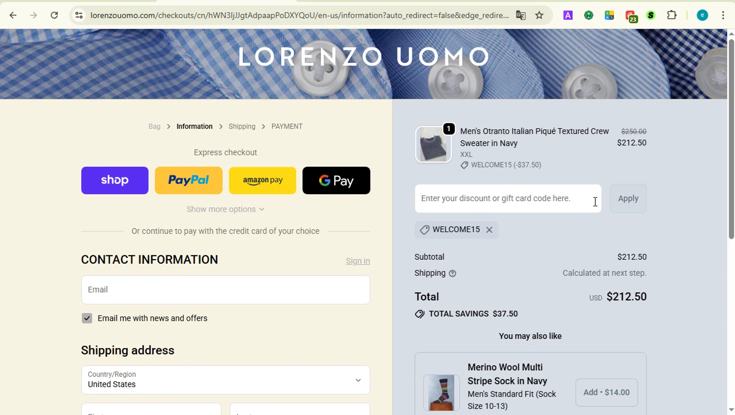 Lorenzo Uomo discount code screenshot showing code WELCOME15 applied at Lorenzo Uomo checkout page. Uploaded by SimplyCodes community member LOVECOUPON on Oct 5, 2025