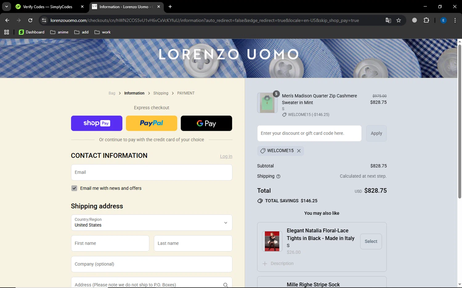 Lorenzo Uomo discount code screenshot showing code WELCOME15 applied at Lorenzo Uomo checkout page. Uploaded by SimplyCodes community member GoldSaver5472 on Aug 25, 2025