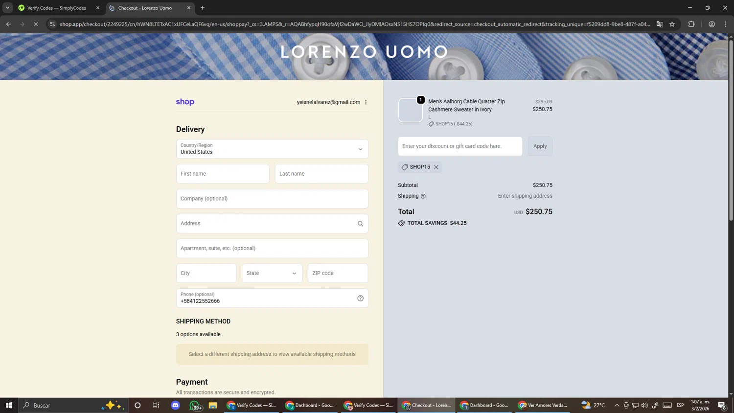 Lorenzo Uomo checkout page showing Lorenzo Uomo discount code box | Screenshot taken by SimplyCodes community member on Feb 3, 2026